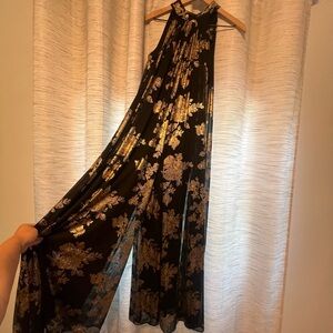 Gold & black halter tie jumpsuit